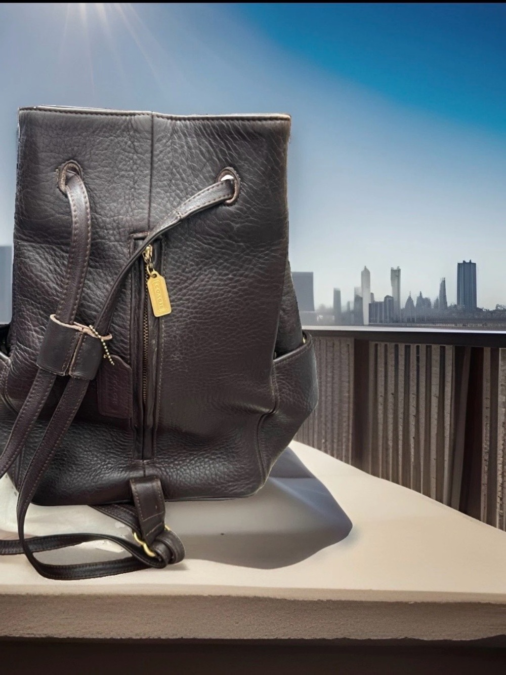 Coach Black Leather Drawstring Backpack with Gold Tag